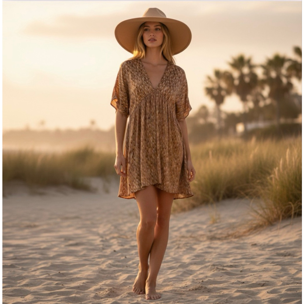 By Together Vici Orange Boho Dot Print V Neck Mini Short Sleeve Dress Medium